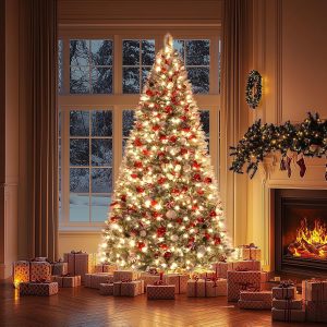 ANOTHERME 7.5ft Snow Flocked Christmas Tree, Prelit Christmas Tree with 500 Warm Lights, Pinecones &Berries Hinged Artificial Trees/Feel Real/Realistic for Home, Christmas Holiday Decoration