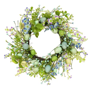 20 in. Easter Wreath Decorated with Blue Flower Blooms, Pastel Eggs