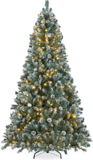 Best Choice Products 6ft Pre-Lit Pre-Decorated Pine Hinged Artificial Christmas Tree w/ 1,000 Flocked Frosted Tips, 59 Pine Cones, 250 Lights, Metal Base