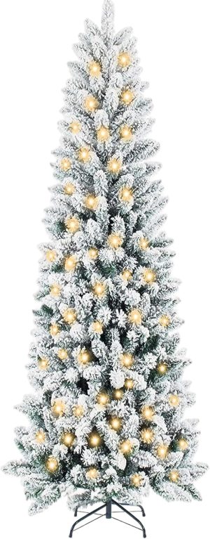 Sweetcrispy 7.5ft Snow Flocked Pencil Christmas Tree, Prelighted Artificial Slim Christmas Trees with 350 Incandescent Lights, 860 Branch Tips & Foldable Base for Home, Office, Party Decoration