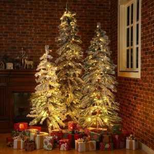 Cinnvoice 3 Pcs Flocked Natural Artificial Christmas Tree Set with Lights Flocked Christmas Tree with Bendable Branches for Xmas Decor (Alpine Tree,2' 3' 4')